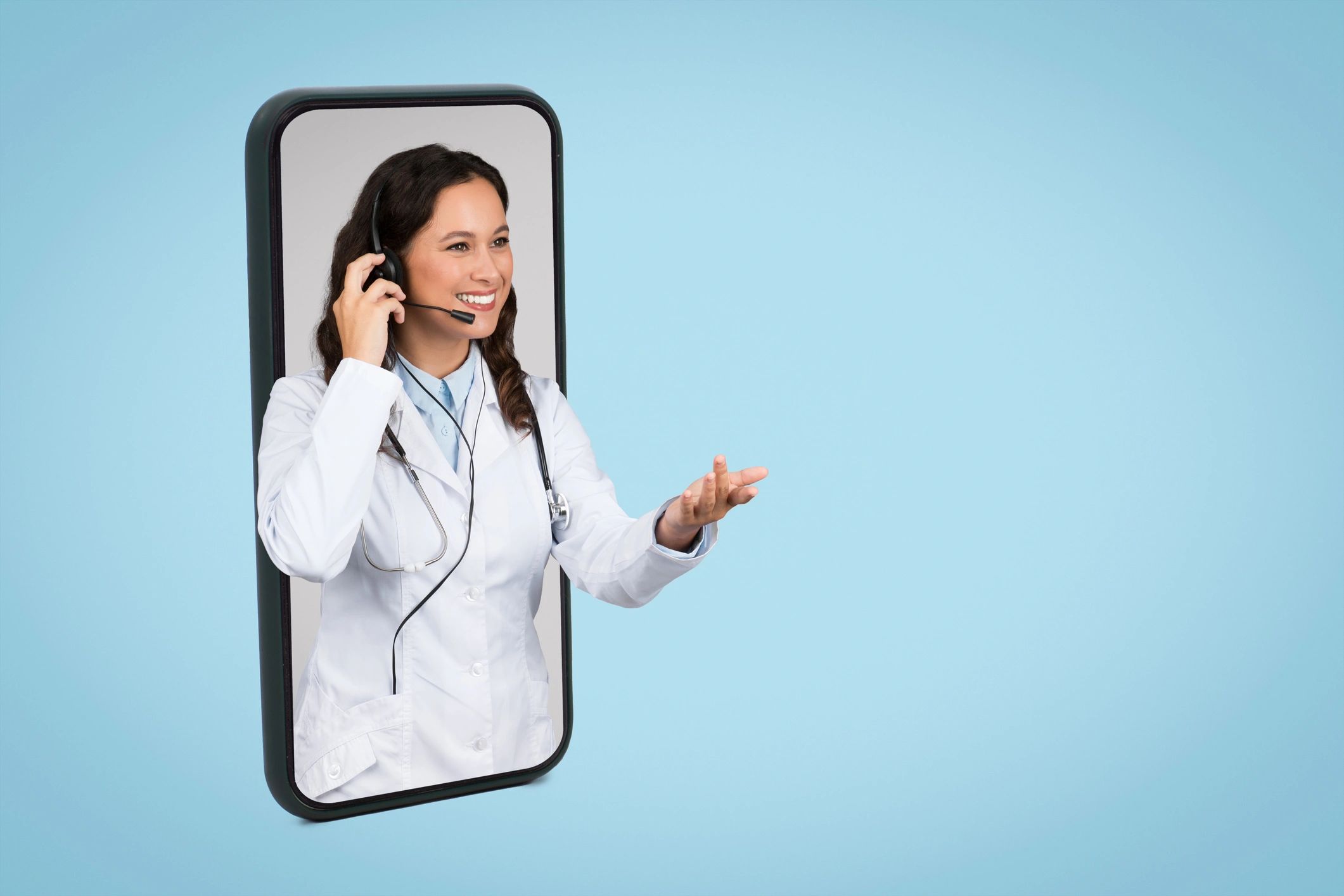 Friendly caucasian woman doctor wearing headset peeking out